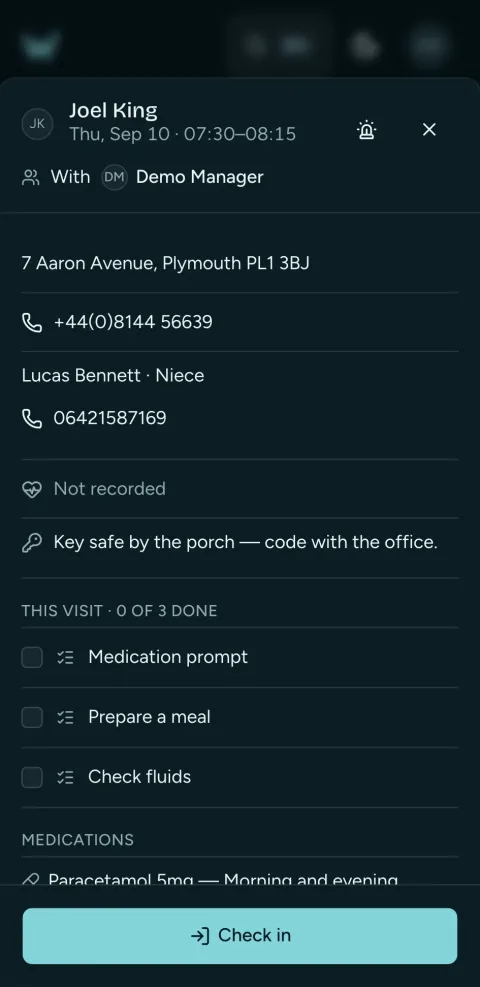 A visit open on a support worker's phone: the client's needs, the checklist and the check-in button.
