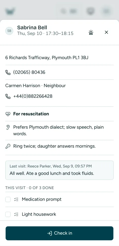 A visit open on a support worker's phone: the client's needs, the checklist and the check-in button.