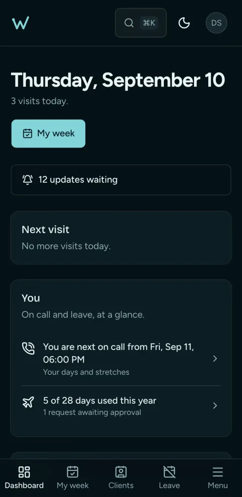 A support worker's day on their phone: the next visit and its door.