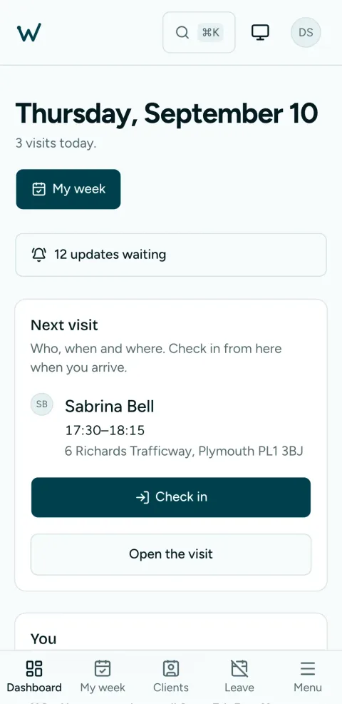 A support worker's day on their phone: the next visit and its door.